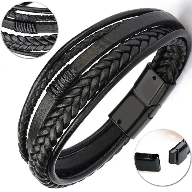 Delysia King Trendy Leather Braided Bracelet Alloy Magnetic Clasp Bracelets for Men