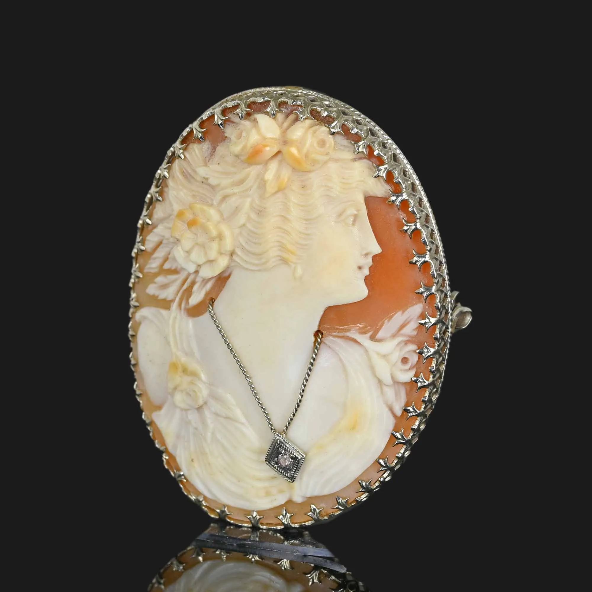 Diamond Cameo Habille 14K White Gold Brooch