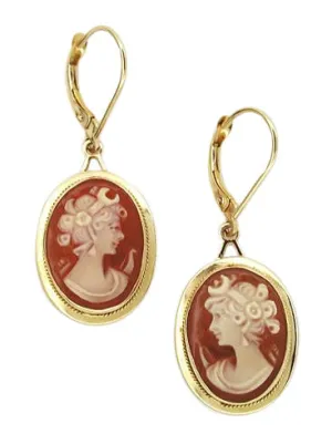 Diana Carnelian Shell Cameo Earrings in 14 Karat Yellow Gold