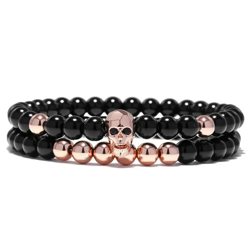 DIEZI One Sets 6mm Black Energy Yoga Skull Charm Bracelet For Men Women Natural Stones Buddhist Strand Beads Bracelets Jewelry