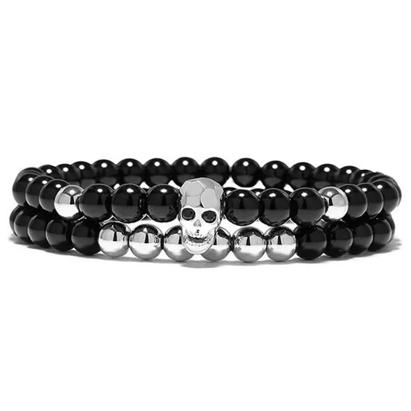 DIEZI One Sets 6mm Black Energy Yoga Skull Charm Bracelet For Men Women Natural Stones Buddhist Strand Beads Bracelets Jewelry