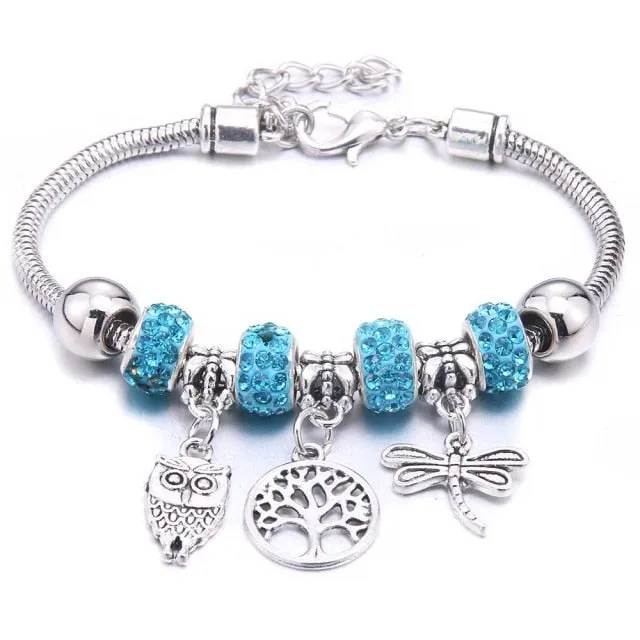 Dropshipping dragonfly owl Shape Crystal Charm Bracelets Beads Bracelet Women DIY Beads Brand Bracelets & Bangles Jewelry Gift