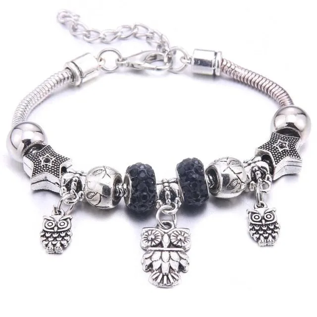 Dropshipping dragonfly owl Shape Crystal Charm Bracelets Beads Bracelet Women DIY Beads Brand Bracelets & Bangles Jewelry Gift