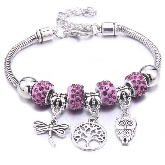 Dropshipping dragonfly owl Shape Crystal Charm Bracelets Beads Bracelet Women DIY Beads Brand Bracelets & Bangles Jewelry Gift