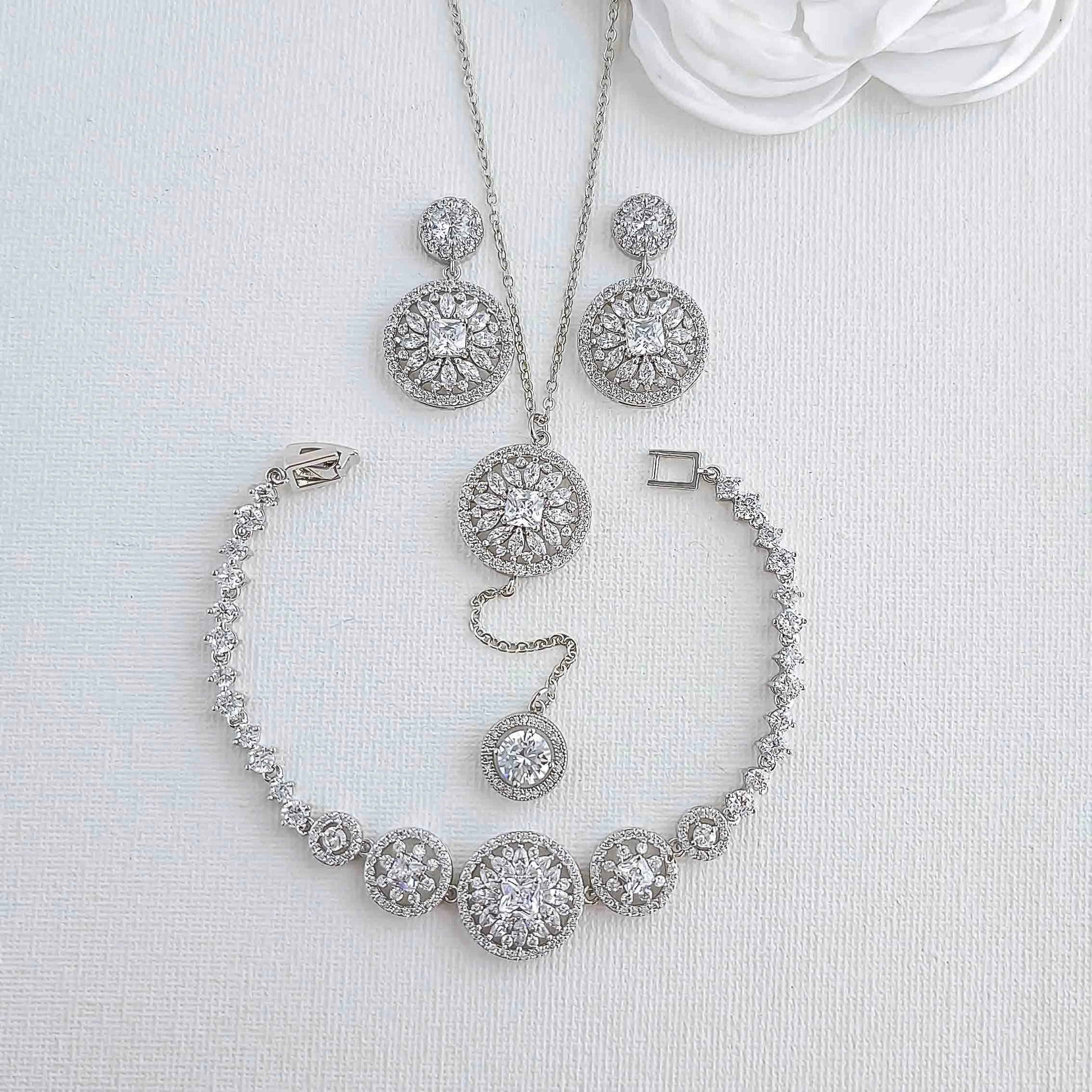 Earrings Bracelet and Long Drop Necklace Set for Weddings- Adonia