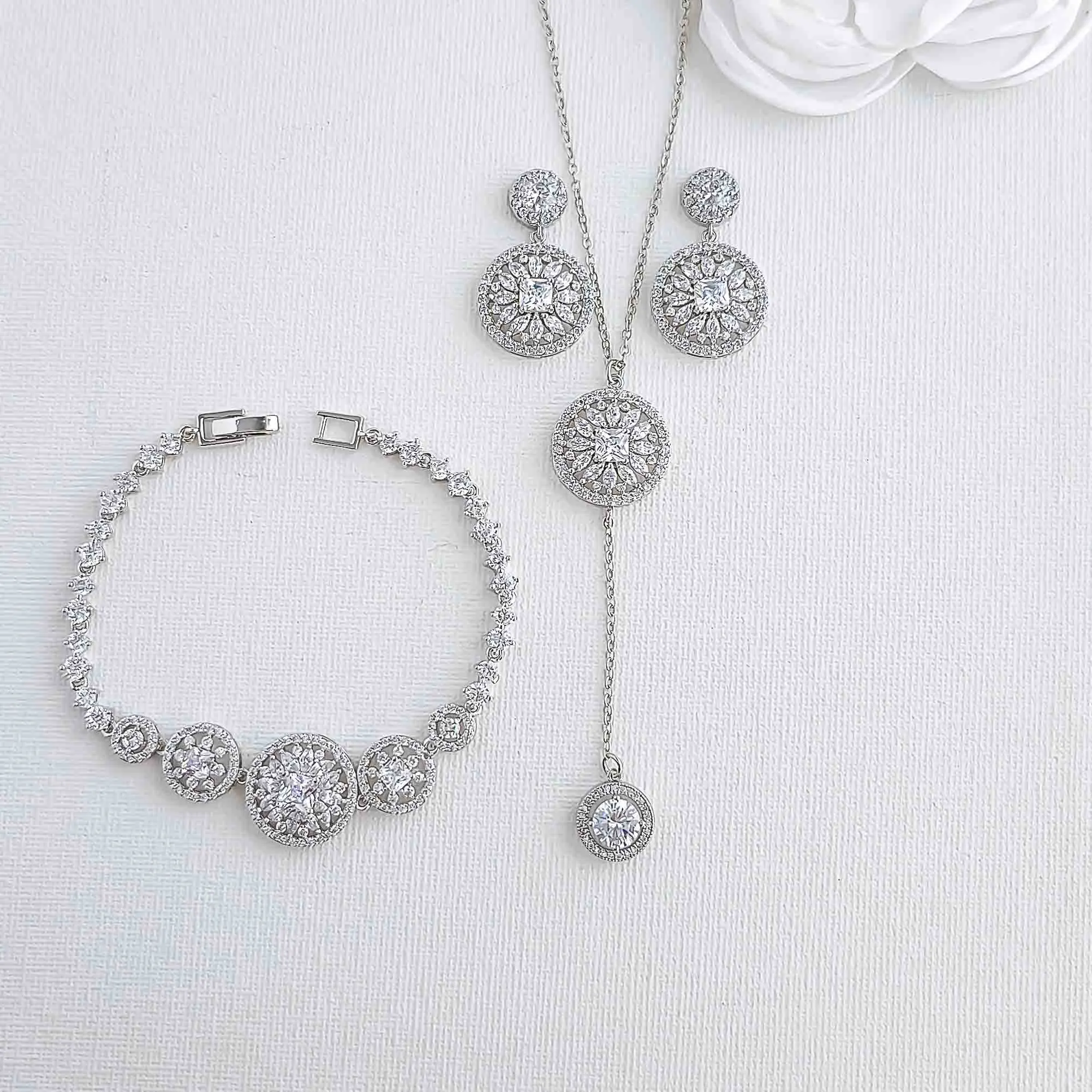 Earrings Bracelet and Long Drop Necklace Set for Weddings- Adonia