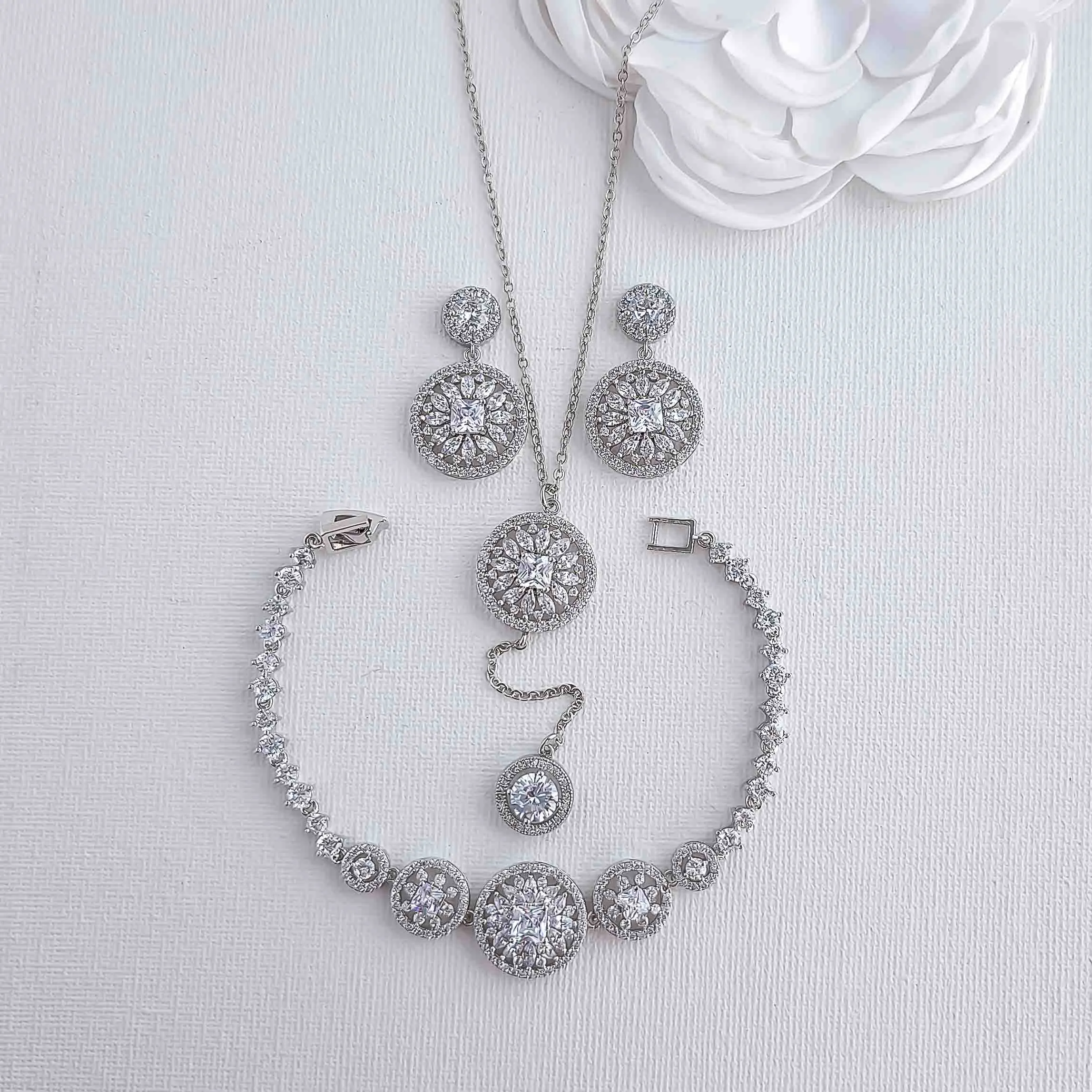 Earrings Bracelet and Long Drop Necklace Set for Weddings- Adonia