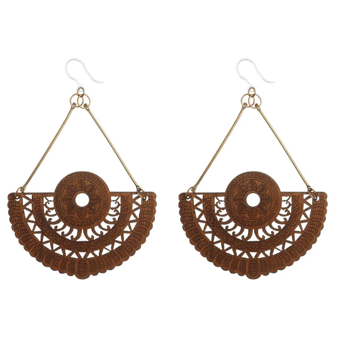 Exaggerated Stamped Wooden Dangles Hypoallergenic Earrings for Sensitive Ears Made with Plastic Posts