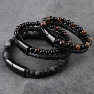 Fashion Black Leather Beaded Bracelet for Men Charm Magnetic Braided Punk Rock Man Cuff Bracelets Men Pulseira Masculina