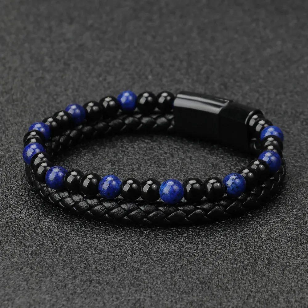 Fashion Black Leather Beaded Bracelet for Men Charm Magnetic Braided Punk Rock Man Cuff Bracelets Men Pulseira Masculina