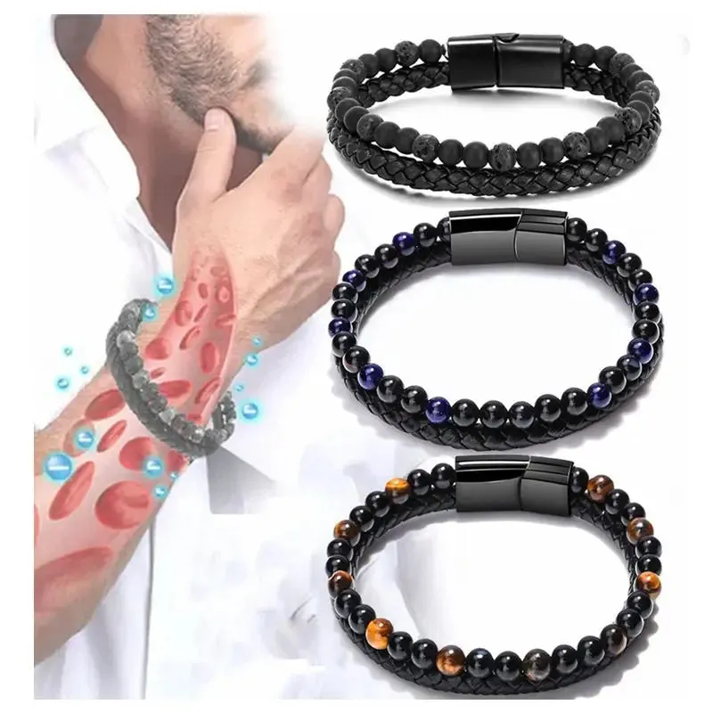 Fashion Black Leather Beaded Bracelet for Men Charm Magnetic Braided Punk Rock Man Cuff Bracelets Men Pulseira Masculina