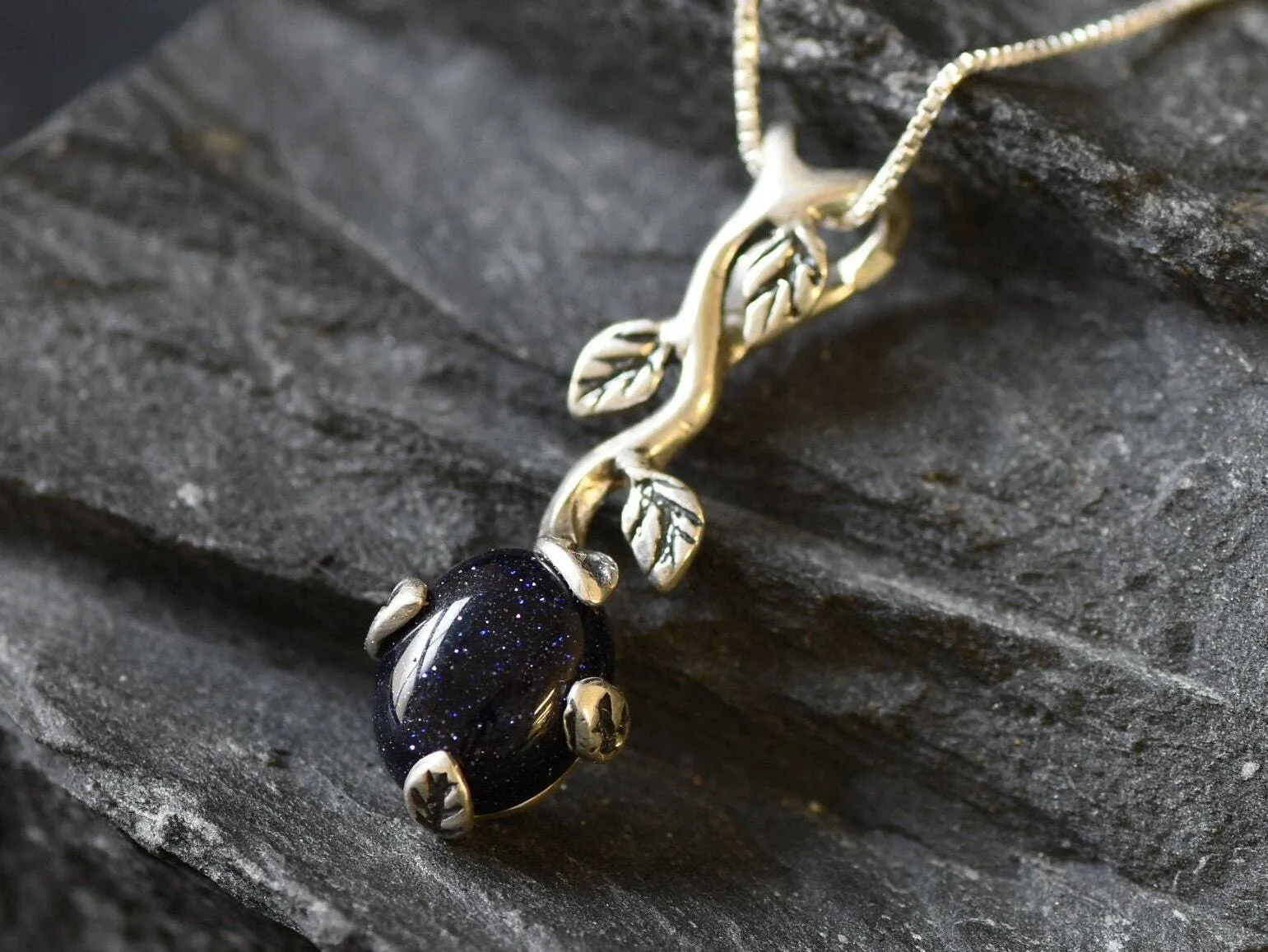 Genuine Sandstone Pendant - Dark Blue Necklace - Leaf Branch Necklace