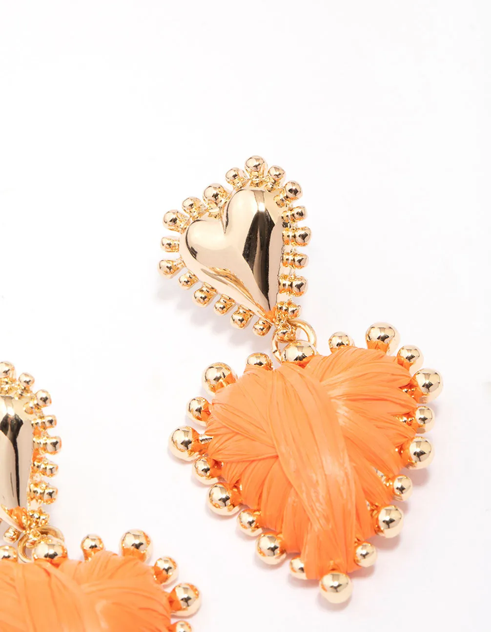 Gold & Orange Raffia Wrap Heart Stud Earrings