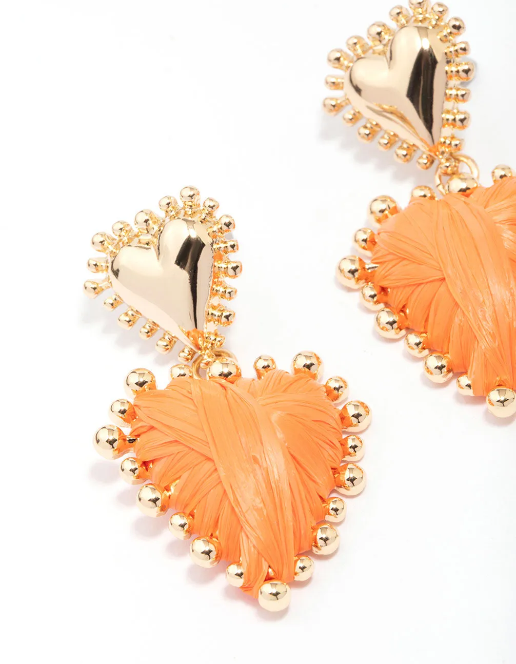 Gold & Orange Raffia Wrap Heart Stud Earrings