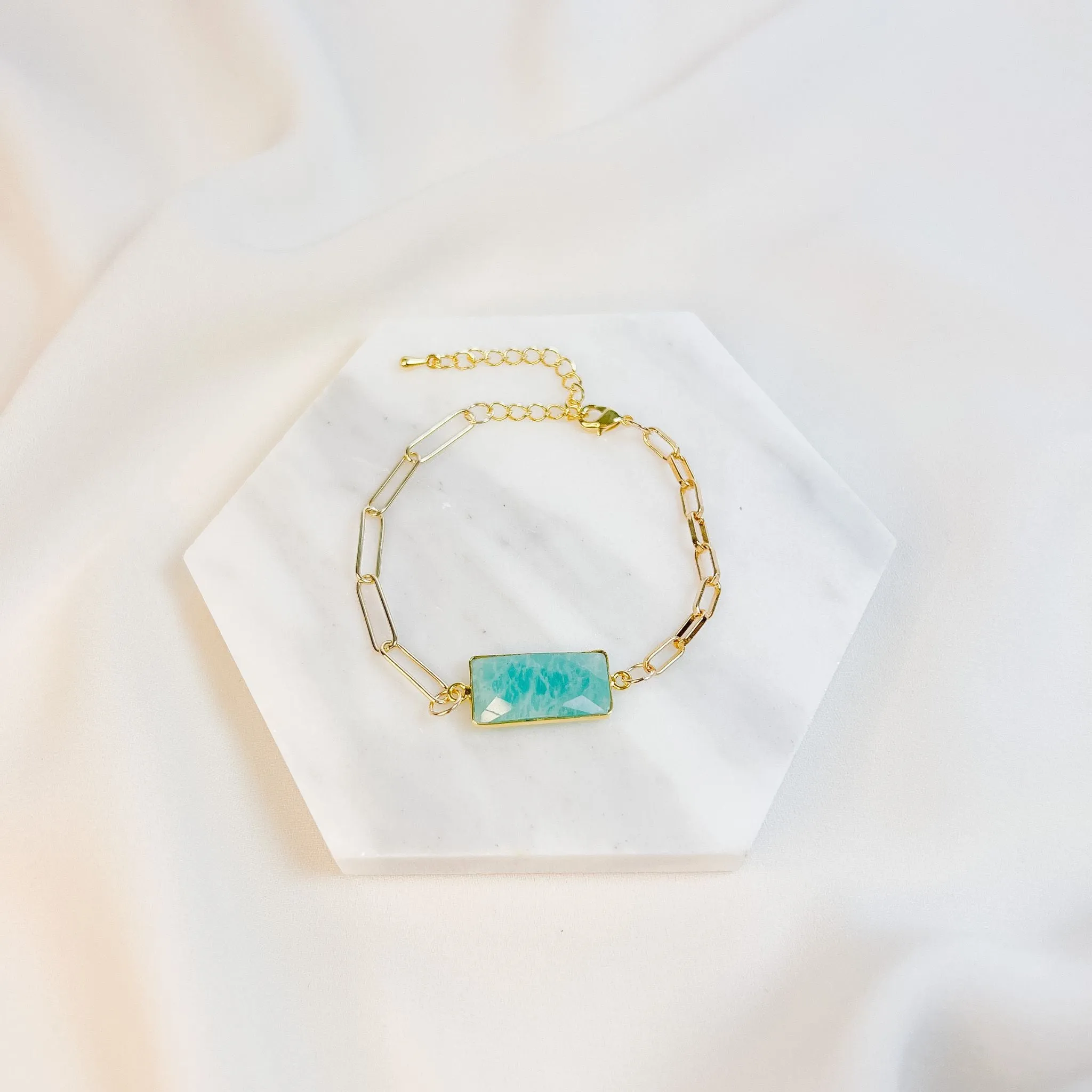 Gold Chain and Amazonite Bezel Bracelet