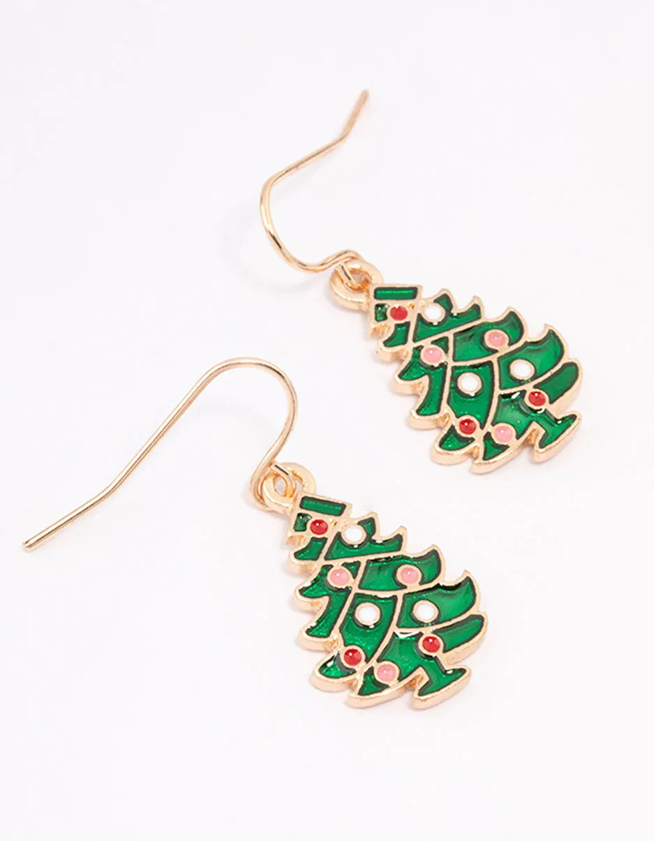 Gold Christmas Tree Diamante Drop Earrings