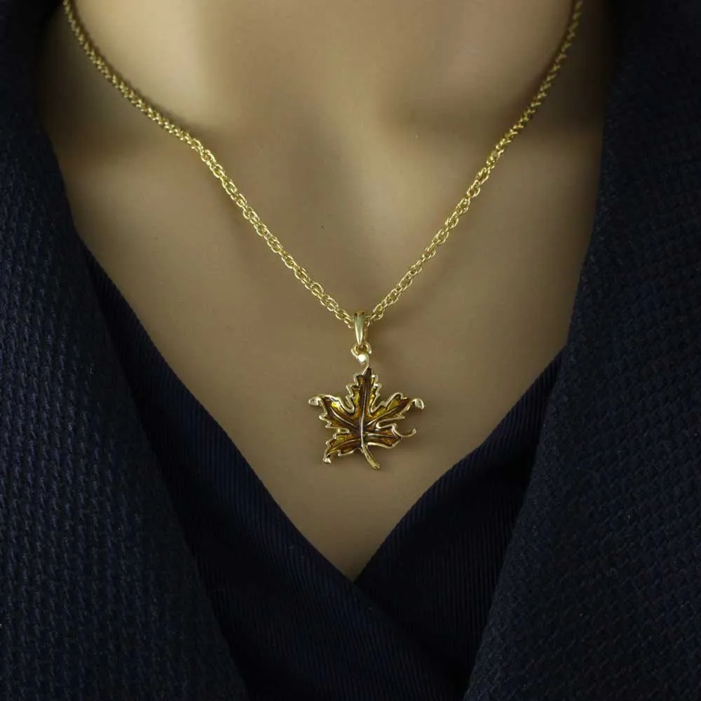 Gold Enamel Maple Leaf Pendant on Gold-tone Chain - PRL341N