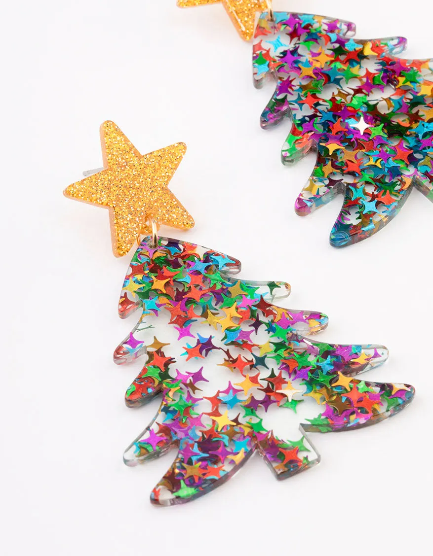 Gold Glitter Christmas Tree Drop Earrings