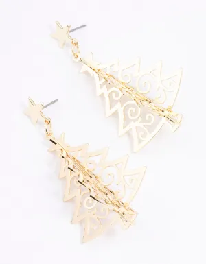 Gold Metallic Christmas Tree Drop Earrings