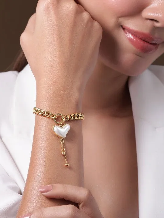 Gold Plated Stainless Steel Tarnish-Free Waterproof Chunky Heart Charm Bracelet