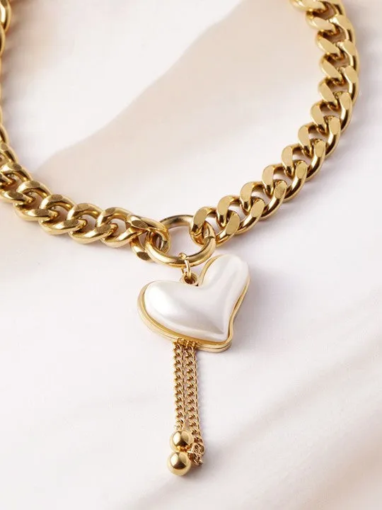 Gold Plated Stainless Steel Tarnish-Free Waterproof Chunky Heart Charm Bracelet