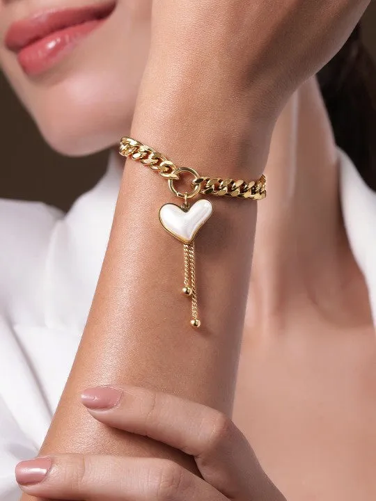 Gold Plated Stainless Steel Tarnish-Free Waterproof Chunky Heart Charm Bracelet