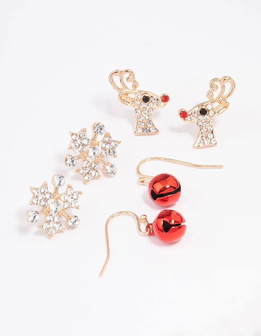 Gold Reindeer & Snowflake Stud Earrings 3-Pack