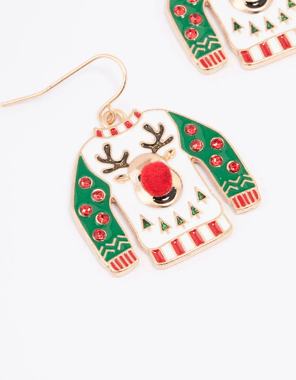 Gold Reindeer Ugly Sweater Christmas Drop Earrings