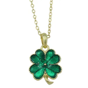 Green Enamel 4 Leaf Clover Pendant on Gold Chain - FE115N