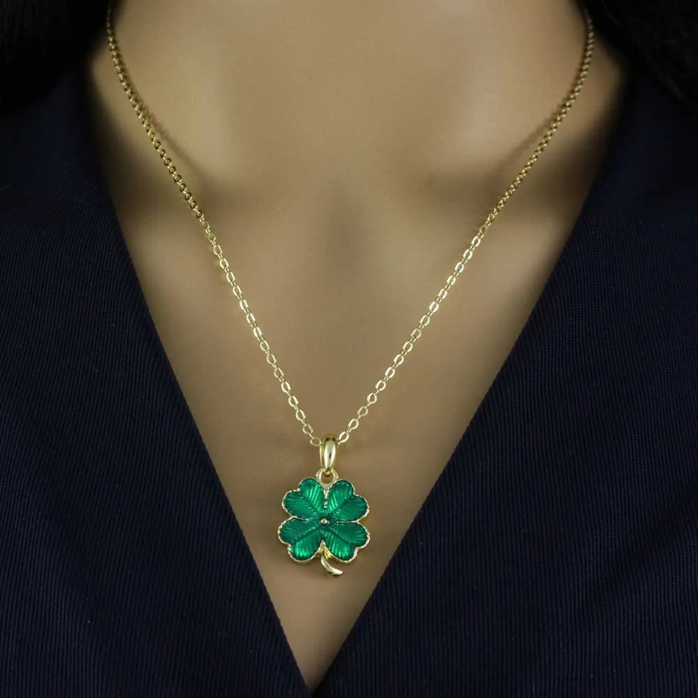 Green Enamel 4 Leaf Clover Pendant on Gold Chain - FE115N