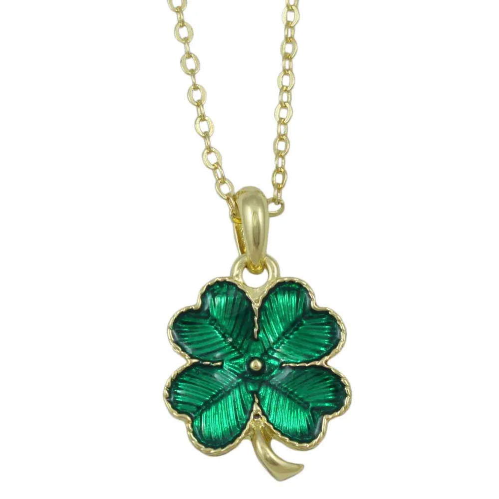 Green Enamel 4 Leaf Clover Pendant on Gold Chain - FE115N