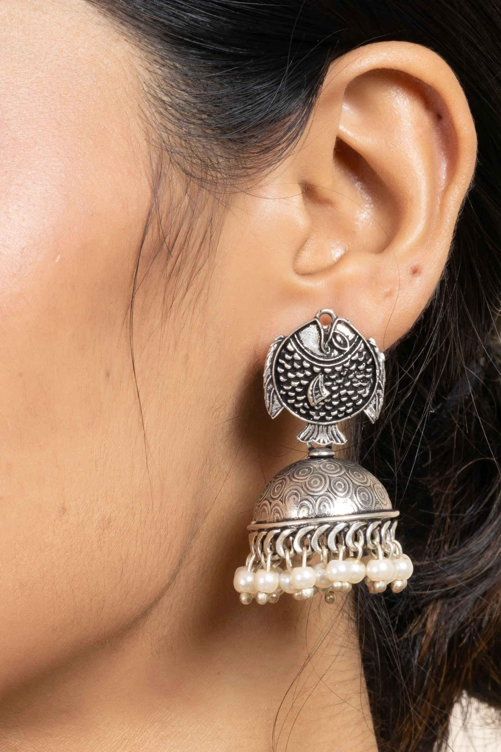 Handmade German Silver Fish Stud Jhumka Earrings with Faux Pearl & Oxidized Finish