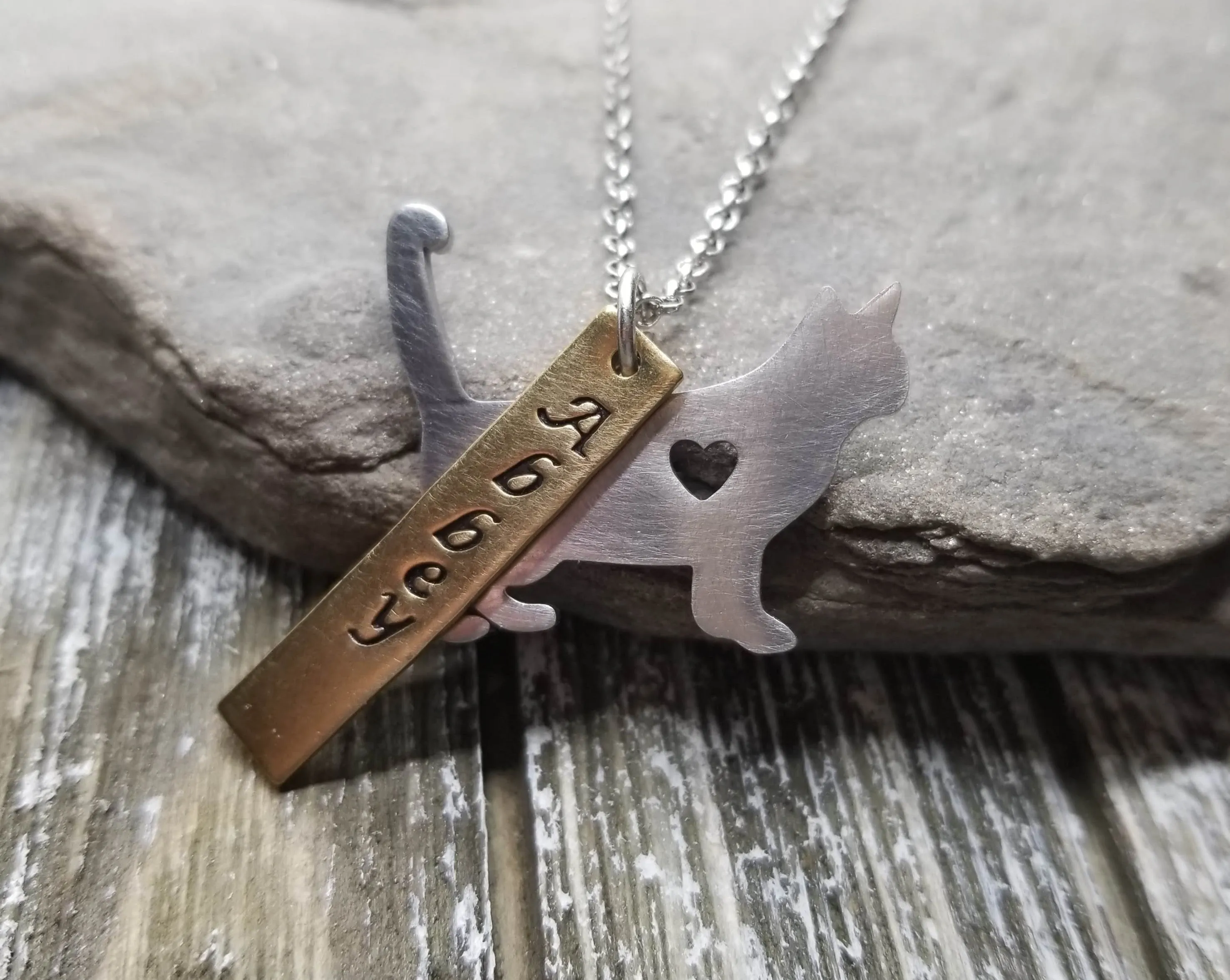 Handmade Personalized Hand Stamped Cat Necklace