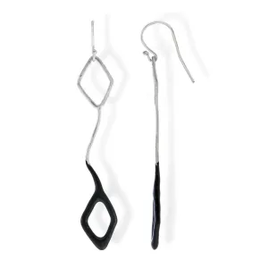 Handmade Silver Long Dangle Earrings With Black Enamel