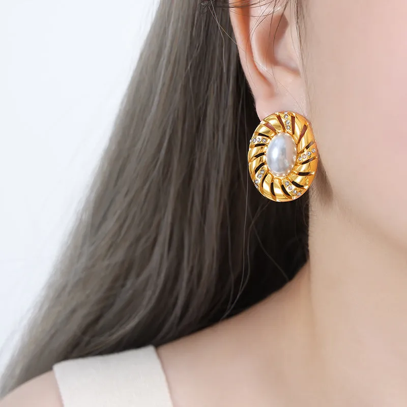 Icy Chic Geometric Spiral Earrings with Hollow Design and Pearl Inlay