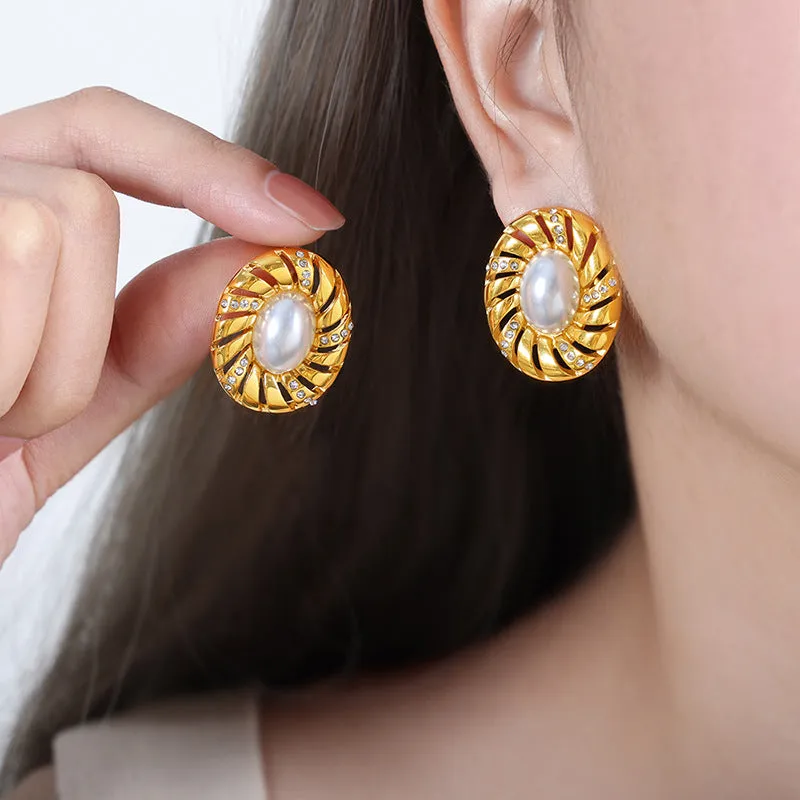 Icy Chic Geometric Spiral Earrings with Hollow Design and Pearl Inlay