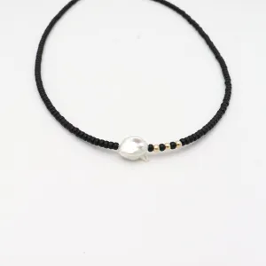 Jet Black Japanese Beaded Necklace and Keshi Pearls