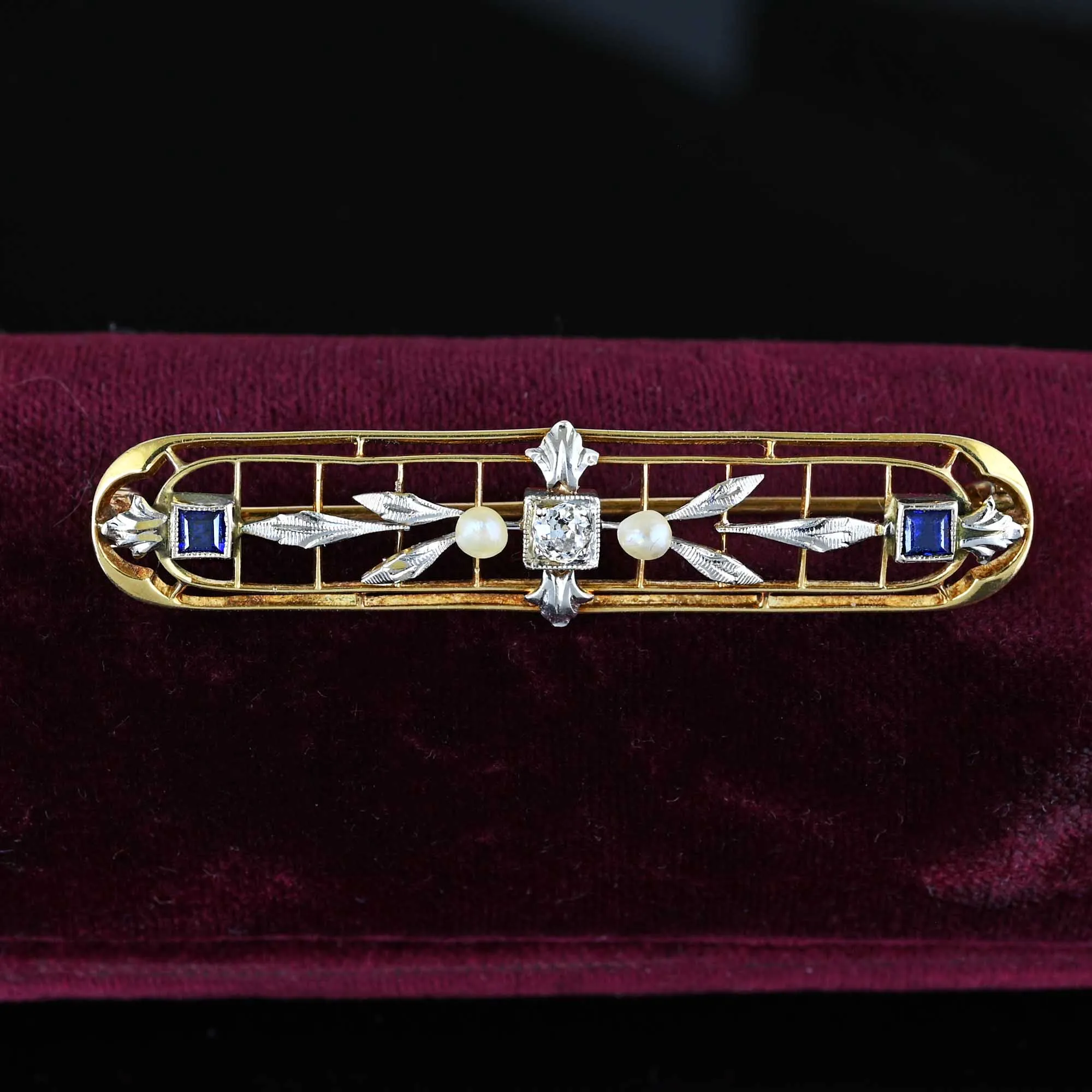 Krementz 14K Gold Platinum Diamond Sapphire Brooch