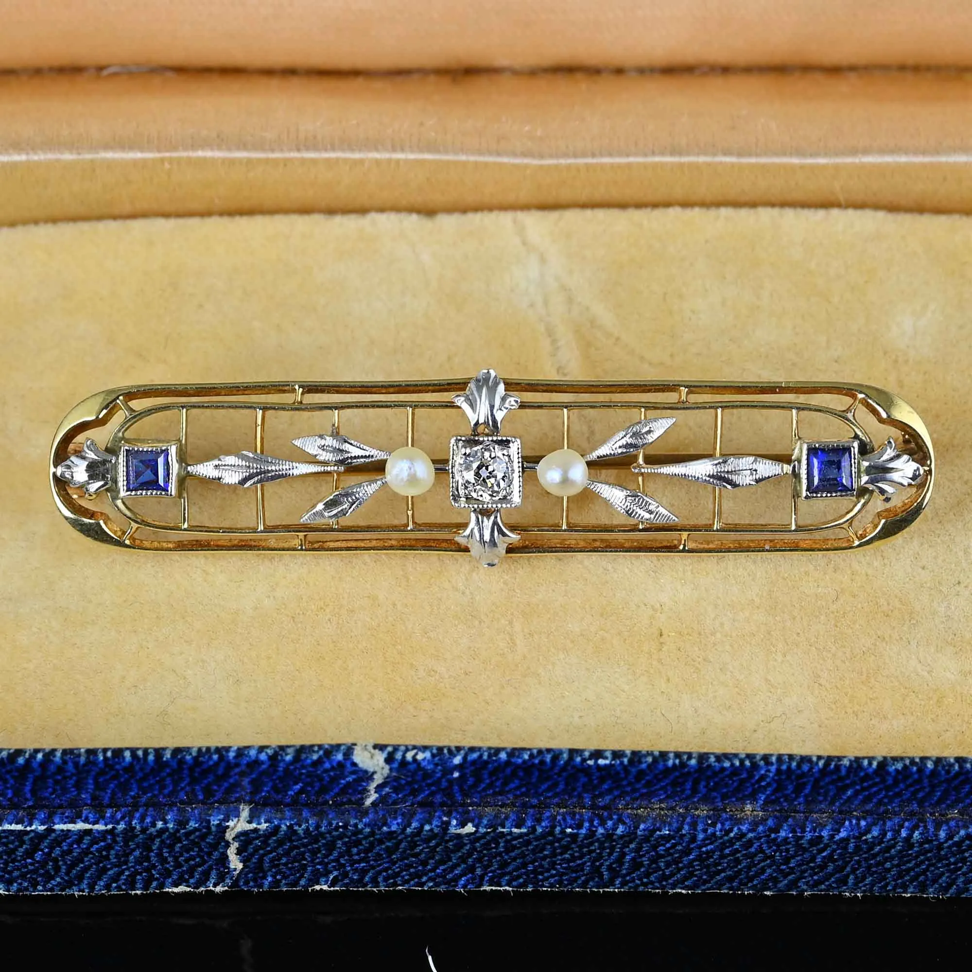 Krementz 14K Gold Platinum Diamond Sapphire Brooch