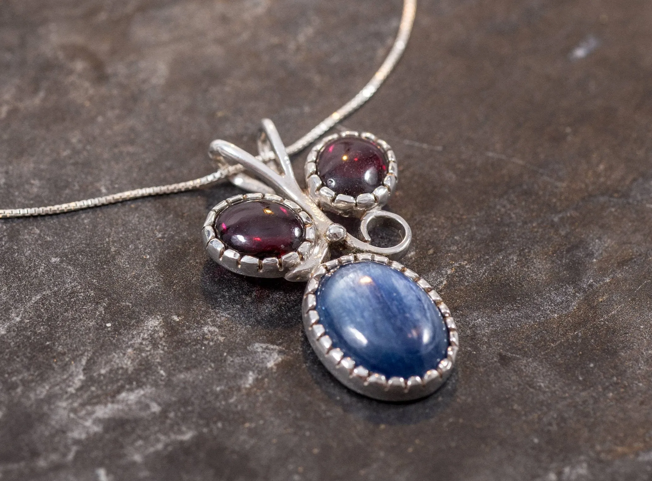 Kyanite Necklace - Red Garnet Pendant - Artistic Statement Necklace