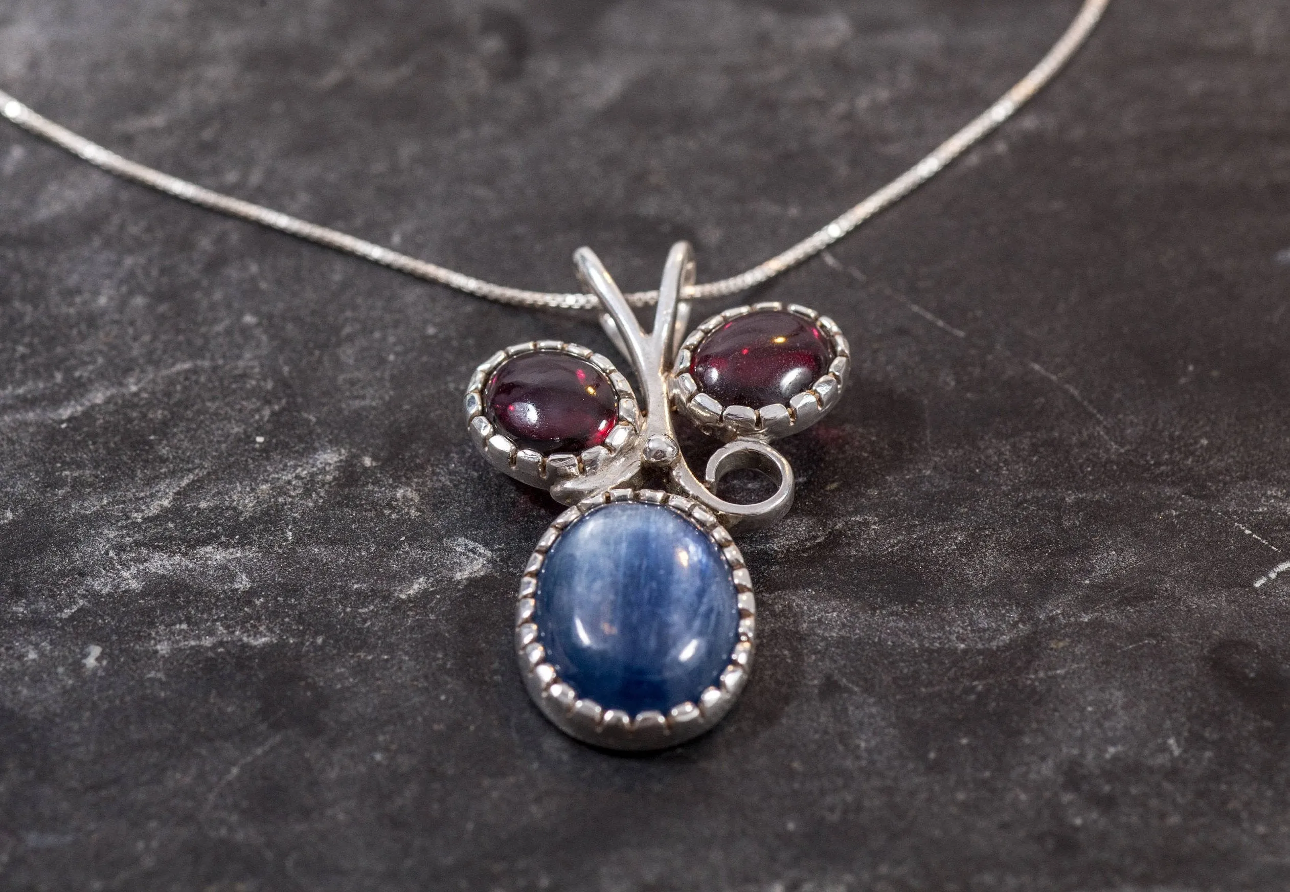 Kyanite Necklace - Red Garnet Pendant - Artistic Statement Necklace