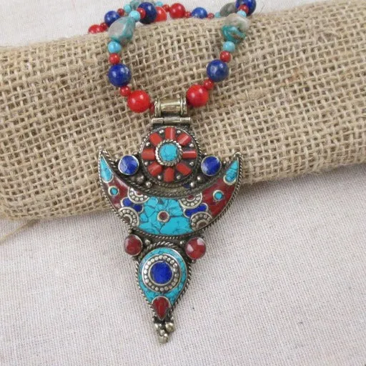 Large Boho Tibetan Turquoise Inlay Pendant Necklace