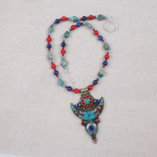 Large Boho Tibetan Turquoise Inlay Pendant Necklace