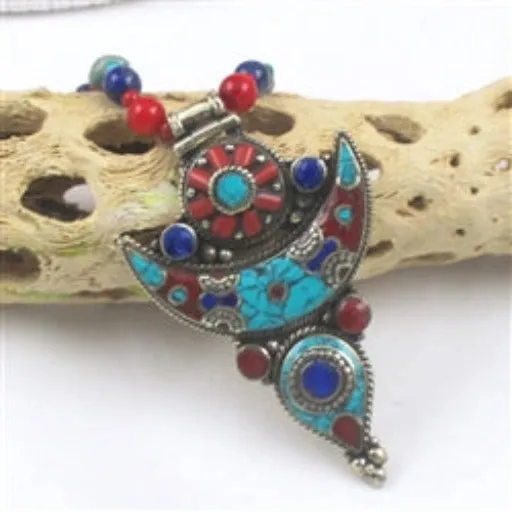 Large Boho Tibetan Turquoise Inlay Pendant Necklace