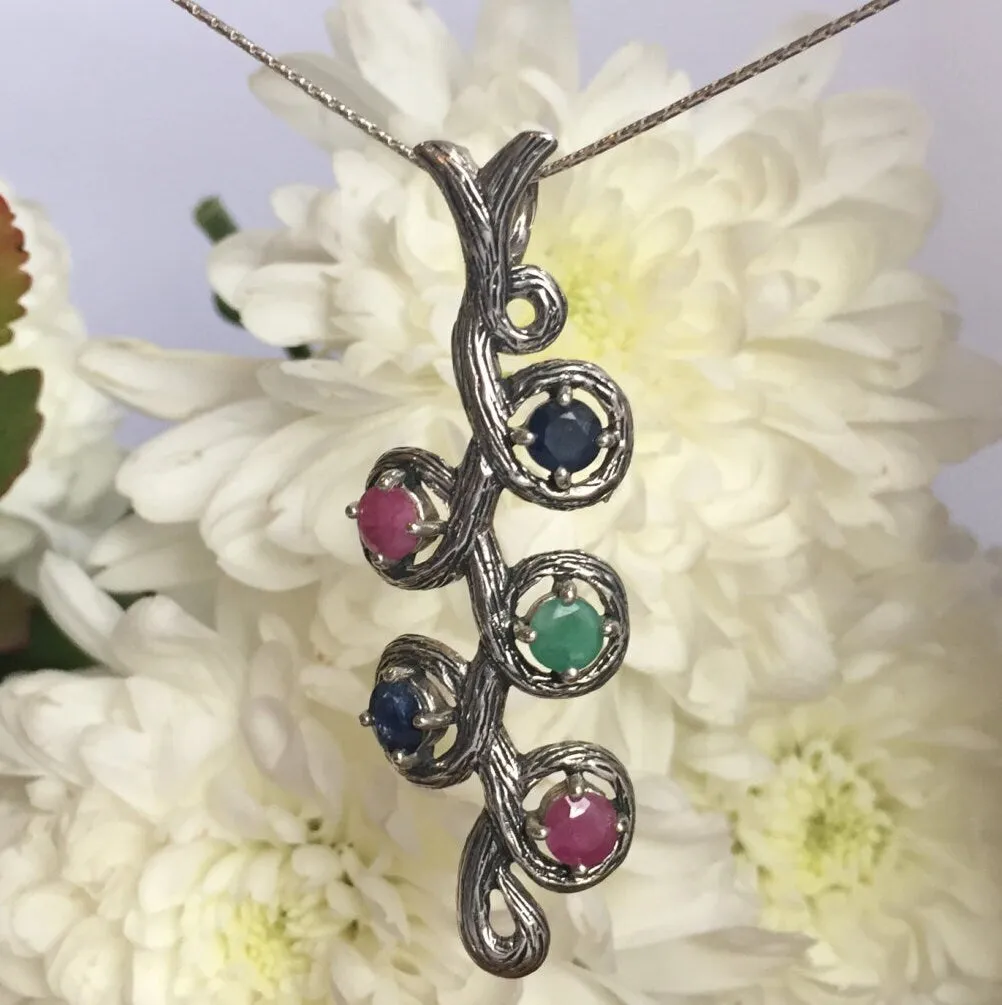 Large Branch Necklace - Real Ruby and Emerald Pendant - Blue Sapphire Leaf Pendant