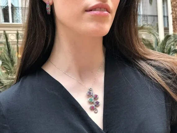 Large Branch Necklace - Real Ruby and Emerald Pendant - Blue Sapphire Leaf Pendant