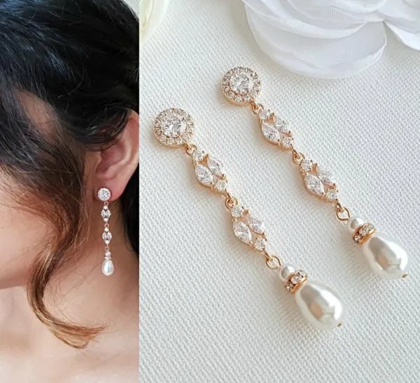 Long Rose Gold Clip On Wedding Earrings- Hayley