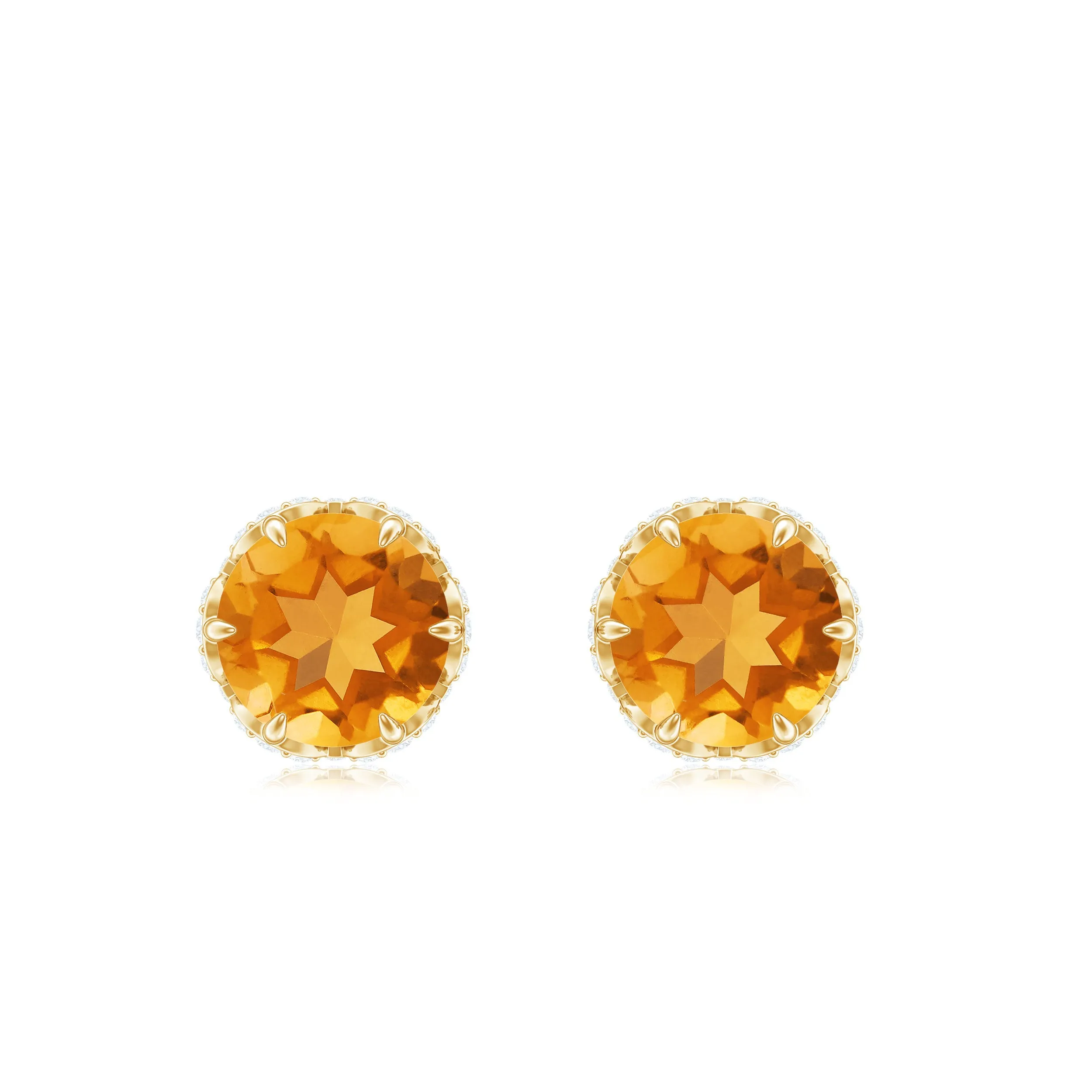 Lotus Basket Set Citrine Solitaire Stud Earrings With Diamond Accent