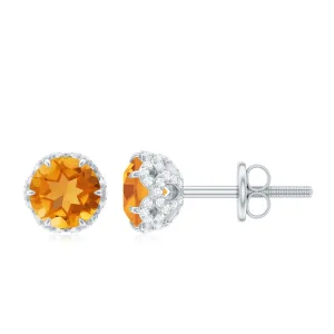 Lotus Basket Set Citrine Solitaire Stud Earrings With Diamond Accent