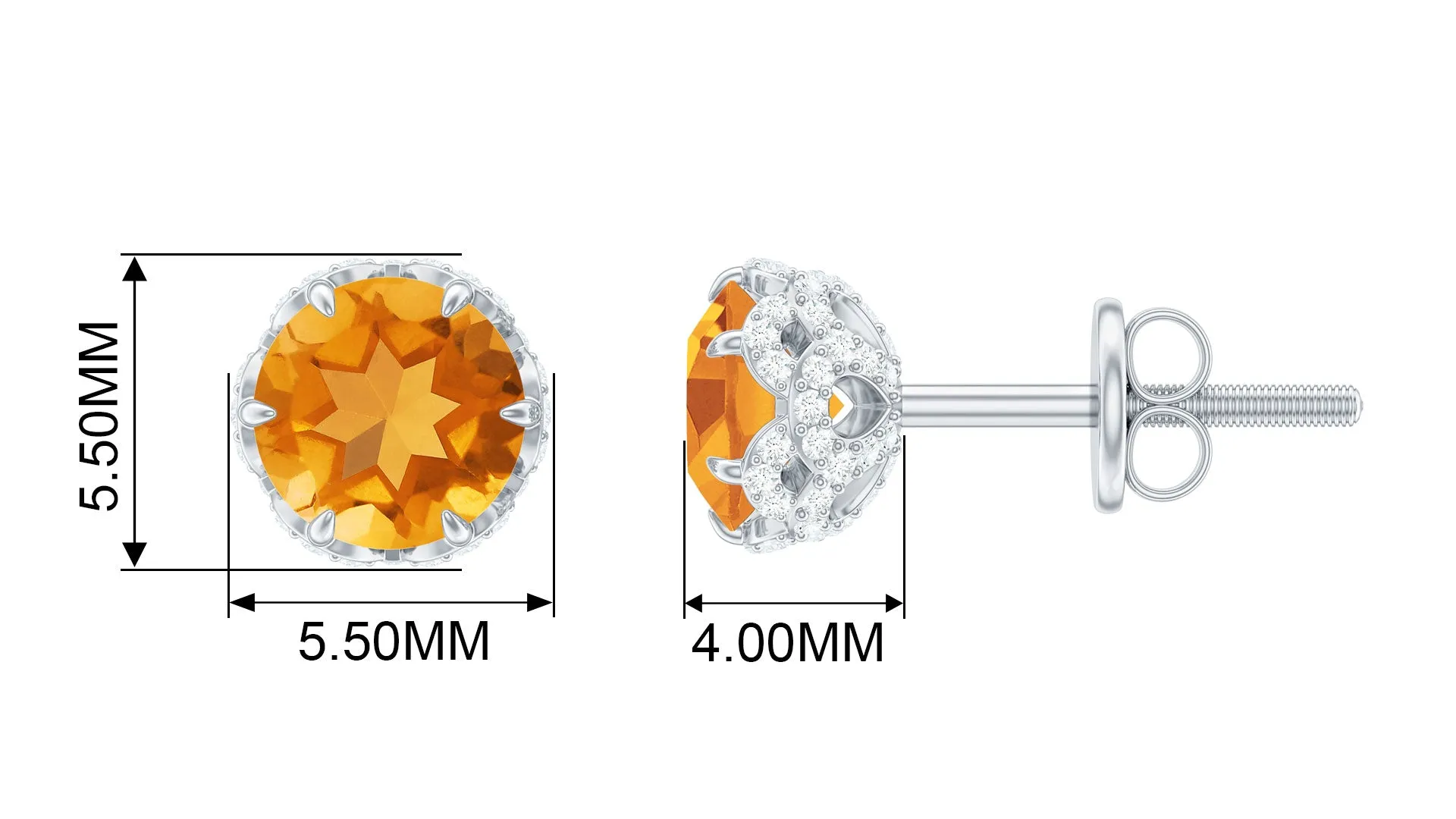 Lotus Basket Set Citrine Solitaire Stud Earrings With Diamond Accent